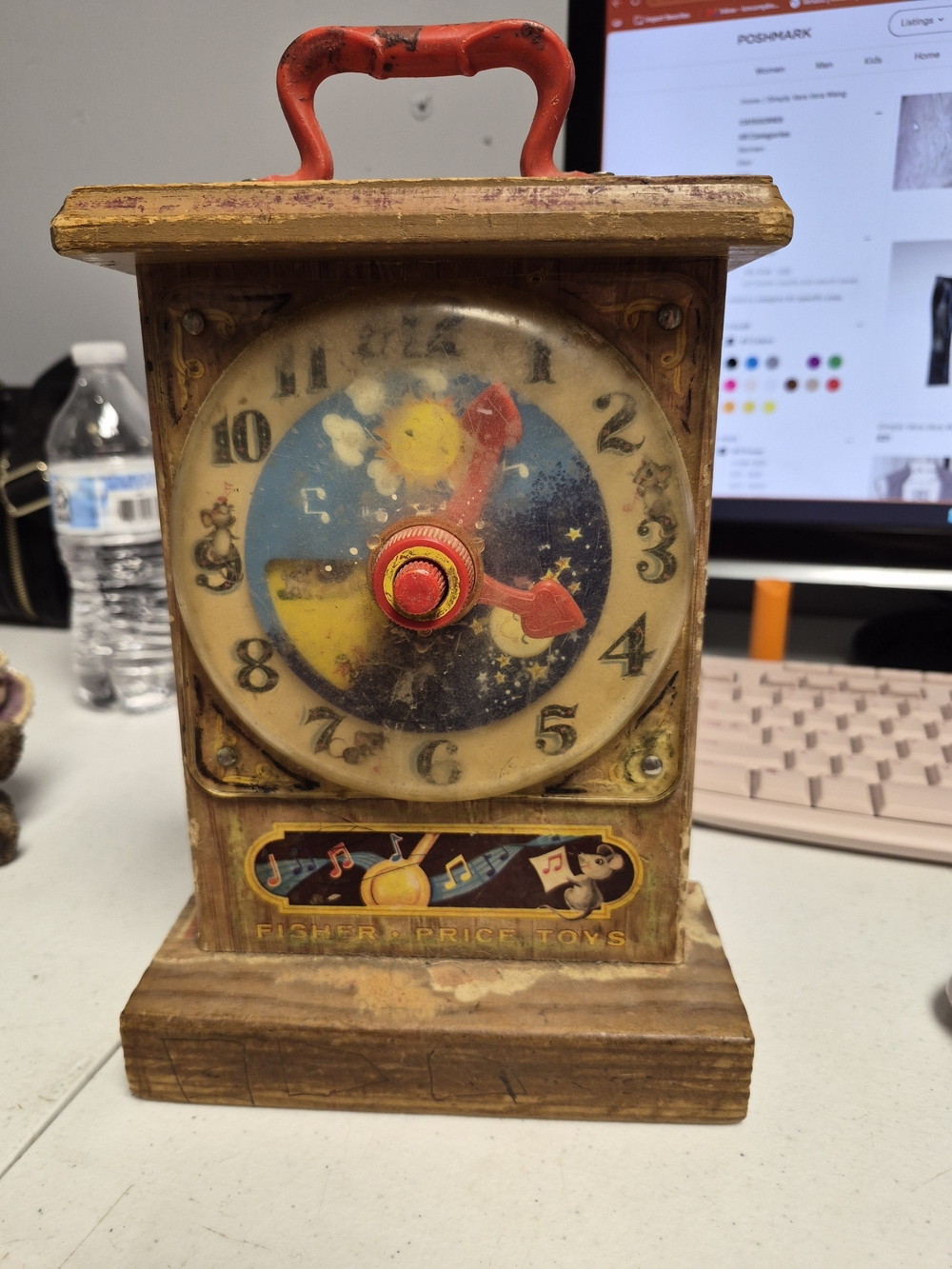 Fisher-Price Vintage Wooden Wind-Up Clock - Red and Natural Wood